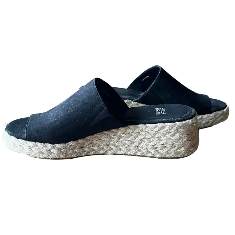 Eileen Fisher Espadrilles Size 9 Black Wedges Sandals Slides Suede Jute Coastal